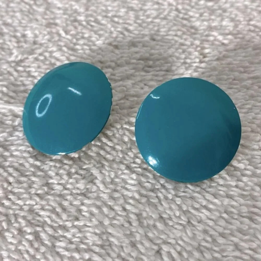 Vintage Teal Painted Round Metal Pierced Earrings